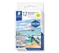 STAEDTLER Kit de peinture aquarelle - Kit de voyage - Design Journey - Comprend une palette de mélange, 12 peintures métalliques, un pinceau à eau et une éponge - Lot de 1, 888M M12-C