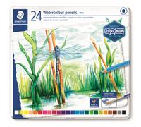 Staedtler Crayons de couleur aquarellables de haute qualité pour artistes, Utilisables à sec ou à l'eau, Mine douce et tendre de 3 mm, Boîte en métal avec 24 couleurs différentes assorties, 14610C C24