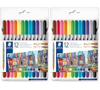 Staedtler Lot de 24 stylos de coloriage Design Journey à double extrémité, largeur de trait de 0,5 à 3,0 mm - 12 couleurs assorties - 3200 C12