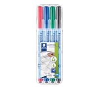 STAEDTLER Lumocolor 305 Feutres correctable - 4 couleurs, 1,0 mm | Encre universelle effaçable, pointe moyenne, avec effaceur - film, tableau blanc & surfaces lisses - Art.-Nr. 305M WP4-1