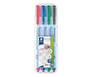 STAEDTLER Lumocolor 305 Feutres correctable - 4 couleurs, 1,0 mm | Encre universelle effaçable, pointe moyenne, avec effaceur - film, tableau blanc & surfaces lisses - Art.-Nr. 305M WP4-1