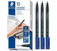 STAEDTLER Lumocolor 318-9 Lot de 10 feutres permanents, pointe F, largeur de ligne env. 0,6 mm, haute qualité, résistant aux taches, séchage en quelques secondes, noir + 3 pièces bleues