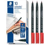 Staedtler Lumocolor 318-9 Lot de 10 stylos permanents en pointe F Largeur de ligne env. 0,6 mm Haute qualité Résistant à l'essuyage Séchage en quelques secondes Noir + 3 pièces Rouge
