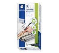 Staedtler Lumocolor 318, Feutres permanents universels pour tout type de surface, Sans xylène ni toluène, Pointe fine ogive de 0.6 mm, Boîte en carton avec 10 feutres noirs assortis, 318-9 VE
