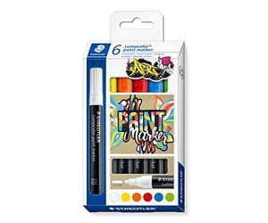 STAEDTLER - Lumocolor 349 - Etui Carton 6 Marqueurs Permanents Peinture Liquide Pointe 2.4 mm Assortis - 349 C6