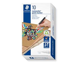 Staedtler Lumocolor 349 Marqueurs acryliques - blanc, lot de 10, 2,4 mm | Encre acrylique opaque à base d’eau, pointe ronde - verre, métal, bois & pierre - Art.-Nr. 349-0