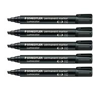 STAEDTLER Lumocolor 350-9X Marqueur permanent, pointe biseautée large de 2 à 5 mm, résistant aux taches et à l'eau, rechargeable, séchage rapide, longue durée de vie, 5 marqueurs noirs