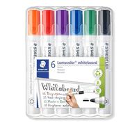 Staedtler Lumocolor 351, Marqueurs pour tableau blanc effaçables à sec, Sans xylène ni toluène et quasi-inodore, Pointe ogive de 2 mm, Étui chevalet avec 6 couleurs assorties, 351 WP6