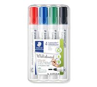 Staedtler Lumocolor 351, Marqueurs pour tableau blanc effaçables à sec, Sans xylène ni toluène et quasi-inodore, Pointe ogive de 2 mm, Étui chevalet avec 4 couleurs assorties, 351 WP4
