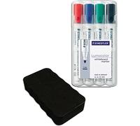 Staedtler Lumocolor 351 WP4 Lot de 4 marqueurs pour tableau blanc avec effaceur (stylos + effaceur noir, 1)
