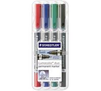 Staedtler Marqueur permanent Lumocolor duo 348 WP4 – rouge, bleu, vert, noir – résiste à l'eau