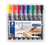 Staedtler Lumocolor Marqueur permanent à pointe biseautée, résistant à l'eau et aux frottements, séchage rapide, Staedtler Box de 8 marqueurs aux couleurs assorties, 350 WP8