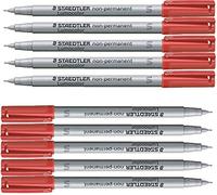 Staedtler Lumocolor, Marqueur universel non-permanent, conviens pour la plupart des surfaces, séchage rapide, encre de couleur rouge, largeur de trait 0.4 mm, Lot de 10 marqueurs, 311-2
