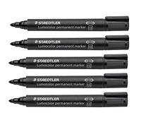 Staedtler Marqueur permanent Lumocolor permanent, encre indélébile et résistante à l'eau, pointe ogive 2 mm, rechargeable, séchage rapide, longue durée de vie, faible odeur, 5 marqueurs noirs, 352-9X