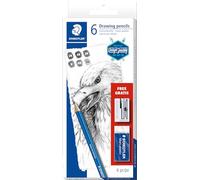 Staedtler Mars Lumograph 100, Crayons graphites de très haute qualité avec gomme et taille-crayon, Pour écriture et dessin artistique, Boîte en carton avec 6 crayons différents assortis, 1 gomme Mars Plastic et 1 taille-crayon, 61 100 C6