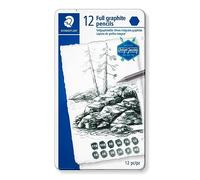 Staedtler Mars Lumograph 100G, Crayons tout-graphite pour le dessin artistique, Sans bois et avec corps vernis, Boîte en métal avec 12 crayons graphites, 100G M12