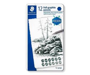 Staedtler Mars Lumograph 100G, Crayons tout-graphite pour le dessin artistique, Sans bois et avec corps vernis, Boîte en métal avec 12 crayons graphites, 100G M12