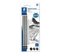 Staedtler Mars Lumograph Charcoal, Crayons fusains de très haute qualité, Gamme Design Journey, Étui blister avec 3 crayons assortis et 1 estompe en papier, 100C SBK4