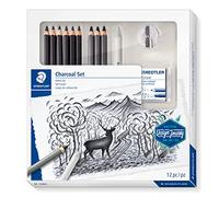 Staedtler Mars Lumograph, Coffret charbon et fusain pour beaux-arts, Inclus crayons enrichis en carbone, crayons fusains, estompe, gomme mie de pain et taille-crayon, 61 100C