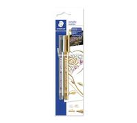 Staedtler Metallic Marker, Feutres à encre métallique pour loisirs créatifs et écriture stylisée, Encre pigmentée à base d'eau, Largeur de trait 1-2 mm, Étui blister avec 2 couleurs, 8323-S BK2, argent‚