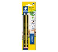 Staedtler Noris 120 - Blister 3 Crayons Graphite Hb + 1 Gomme 526 50 | Crayon hexagonal en bois recyclé, surface antidérapante, résistant à la casse - Réf. 120 R BK3D