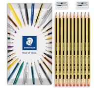 STAEDTLER Noris 122 Crayon graphite avec pointe gomme | Grade HB | Lot de 10 crayons + 2 taille-crayons en métal à trou unique | Emballage cadeau