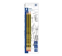 Staedtler Noris 122, Crayons à papier HB en bois de haute qualité avec embout gomme, Étui blister de 3 crayons HB, 122-2BK3DA