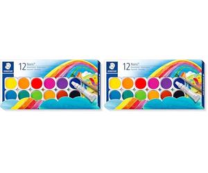 Staedtler Noris 888, Palette de peinture aquarelle de haute qualité, Boîte de 12 pastilles aquarelles avec 1 tube de gouache blanche et 1 pinceau, 888 NC12 (Lot de 2)