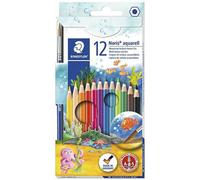 Staedtler Noris Aquarell, Crayons de couleur aquarellables avec système anti-casse, Utilisables à sec ou l'eau, Étui carton avec 12 crayons et 1 pinceau, 144 10NC12