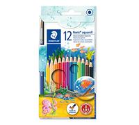 Staedtler Noris Aquarell, Crayons de couleur aquarellables avec système anti-casse, Utilisables à sec ou l'eau, Étui carton avec 12 crayons et 1 pinceau, 144 10NC12