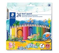 Staedtler Noris Aquarell, Crayons de couleur aquarellables avec système anti-casse, Utilisables à sec ou l'eau, Étui carton avec 24 crayons et 1 pinceau, 144 10NC24