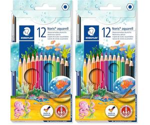 Staedtler Noris Aquarell, Crayons de couleur aquarellables avec système anti-casse, Utilisables à sec ou l'eau, Étui carton avec 12 crayons et 1 pinceau, 144 10NC12 (Lot de 2)