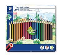 Staedtler Noris colour 185 Crayons de couleur - 24 couleurs, étui métal | Couleurs vives, prise antidérapante - bois recy n étui métal réutilisable - Art.-Nr. 185 M24