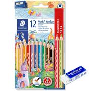 STAEDTLER Noris Jumbo, Crayons De Couleur Épais, Conçus Pour Les Enfants, Système Anti-Casse, Pack Bonus Avec 12 Crayons Aux Couleurs Vives Et Un Taille-Crayon, 128 Nc12P1