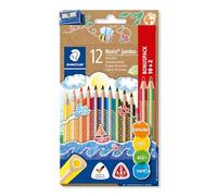 STAEDTLER Noris Jumbo, Crayons De Couleur Épais, Conçus Pour Les Enfants, Système Anti-Casse, Pack Bonus Avec 12 Crayons Aux Couleurs Vives Et Un Taille-Crayon, 128 Nc12P1