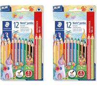 STAEDTLER Noris Jumbo, Crayons De Couleur Épais, Conçus Pour Les Enfants, Système Anti-Casse, Pack Bonus Avec 12 Crayons Aux Couleurs Vives Et Un Taille-Crayon, 128 Nc12P1