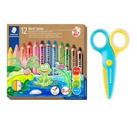 Staedtler Noris junior 140 C12P2X Crayons de couleur et ciseaux de sécurité 3 en 1 pour les tout-petits, coupe uniquement du papier, 12 couleurs, taille-crayon et ciseaux de sécurité