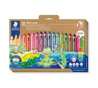 Staedtler Noris junior 140 Crayons 3 en 1 - 18 couleurs + pinceau | Couleur, cire & aquarelle en un, mine épaisse - taille-crayon & pinceau inclus - Art.-Nr. 140 C18