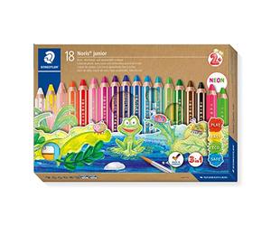 Staedtler Noris junior 140 Crayons 3 en 1 - 18 couleurs + pinceau | Couleur, cire & aquarelle en un, mine épaisse - taille-crayon & pinceau inclus - Art.-Nr. 140 C18