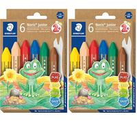 Staedtler Noris Junior, Crayons à la cire gros module, Spécialement conçus pour les enfants, Étui carton recy vec 6 crayons assortis et 1 grattoir, 224 C6, Coloris Assortis (Lot de 2)