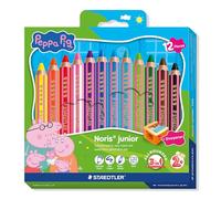 STAEDTLER Noris junior crayons de couleur Peppa Pig lot de 12 - crayons 3-en-1 cire et aquarelle pour différentes surfaces - mines extra-tendres pour des couleurs intenses - crayons ergonomiques