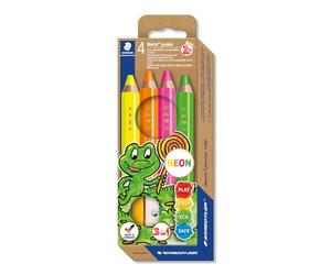 STAEDTLER Noris - junior Neon 140-4 crayons de couleur fluos 3 en 1 assortis plus 1 taille-crayon - Etui carton - 140 C4P1
