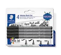 STAEDTLER - Pigment Art brush 37 - Blister 4 feutres noirs pointe pinceau, pointe pinceau soft, pointe calligraphie et pointe ogive - 37 BK4-1