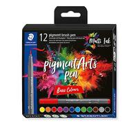STAEDTLER - Pigment Art - Pigment brush 371 - Etui carton 12 feutres pointe pinceau couleurs basiques assorties - 371 C12-1