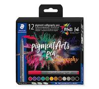 STAEDTLER - Pigment Art - Pigment Calligraphy 375 - Etui Carton 12 Feutres Pointe Calligraphie 2 mm Couleurs Assorties - 375 C12