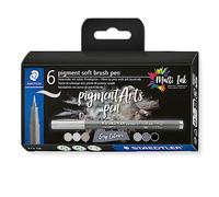 STAEDTLER - Pigment Art - Pigment soft brush 372 - Etui carton 6 feutres pointe pinceau souple gris & noir assortis - 372 C6