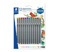 Staedtler Pigment Liner Colour, Feutres fins à encre colorée pigmentée infalsifiable pour écrire et dessiner, Pointe fine de 0.5 mm, Étui blister avec 12 feutres de couleurs différentes, 30805SBK12