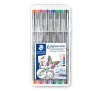 Staedtler Pigment Liner Colour, Feutres très fins à encre colorée pigmentée infalsifiable pour écrire et dessiner, Pointe extra-fine de 0.3 mm, Étui chevalet avec 6 couleurs basiques, 30803-SSB6
