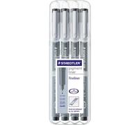 Staedtler Pigment Liner, Feutres de dessin à encre pigmentée noire infalsifiable, Étui chevalet avec 4 feutres assortis 0.1/0.3/0.5/0.7 mm, 308 WP4