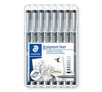 Staedtler Pigment Liner, Feutres de dessin à encre pigmentée noire infalsifiable, Étui chevalet avec 8 feutres différents assortis, 308 SB8
